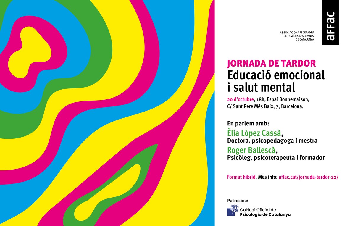 affac_cat's tweet photo. 📢 Arriba la 🍂 Jornada de tardor sobre "Educació emocional i salut mental", el proper 20 d'octubre (18h) a la Bonnemaison.

Amb:
🗣️ @elia_cassa: doctora, psicopedagoga i mestra
🗣️ @RogerBallesca: psicòleg, psicoterapeuta i formador 

✍️ APUNTA-T'HI 👉https://t.co/hDEAj68BBY https://t.co/qJToeFs3Vx