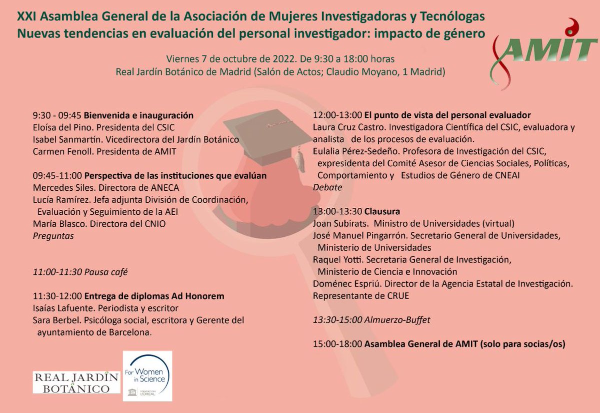 PasGarciaM's tweet photo. 📢¿Queréis conocer las nuevas tendencias del impacto del género en la evaluación de la actividad investigadora?

Este año lo abordamos en la XXI ASAMBLEA GENERAL de @twitamit_es 

🗓️ 7 de octubre 
⏰ 9:30-18:00h
🌳Real Jardín Botánico de Madrid (presencial)
💻online

👇PROGRAMA👇 https://t.co/pNygMSw2NE