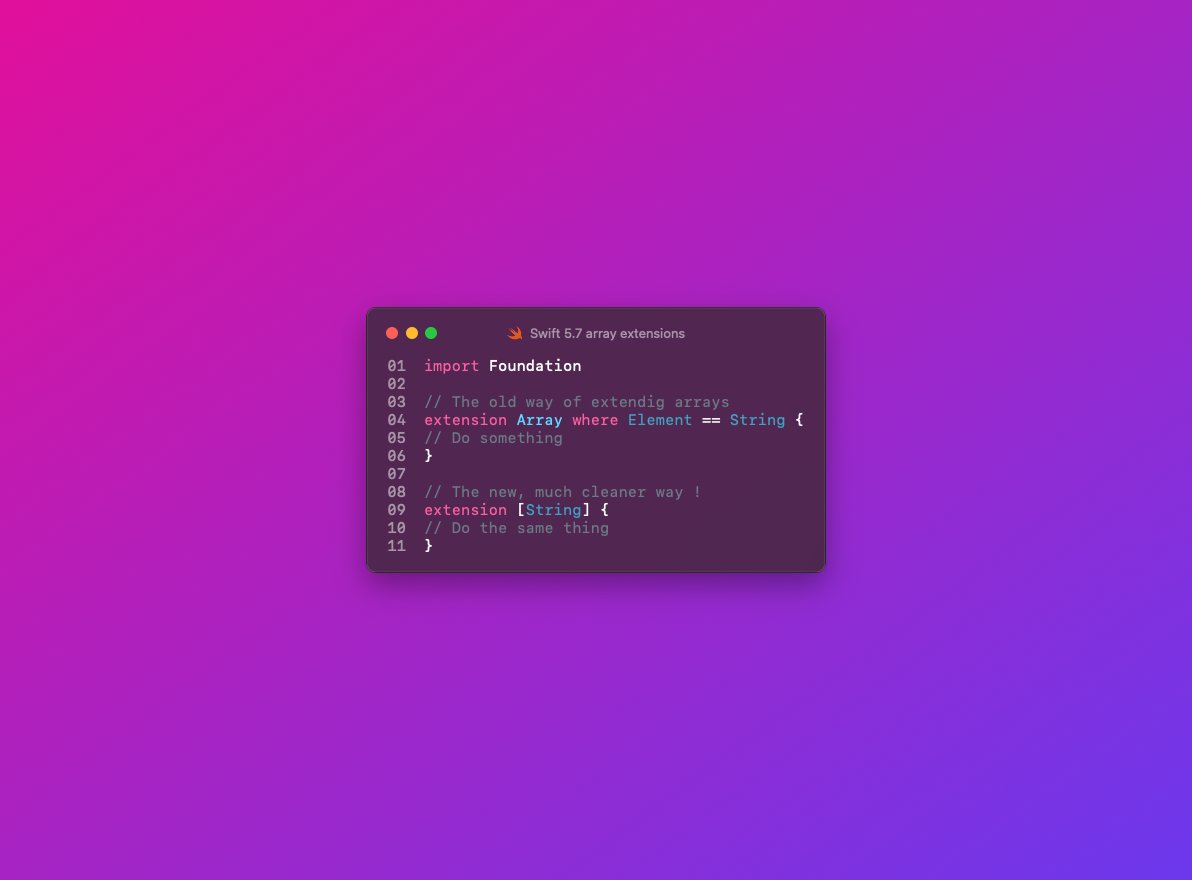 No_Wham's tweet image. I love the new extension syntax, so much cleaner.
not sure if this is a swift 5.7 thing, but either way - readability to the max!