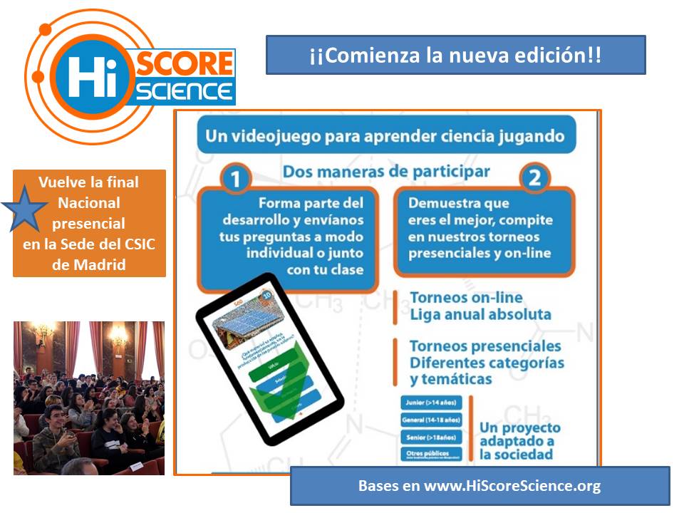 Comienza la nueva edición de <a href="/HiScoreScience/">HiScoreScience</a> con la liga y los concursos por contenido ¡esperamos tus preguntas!
Y recuperamos la Final Nacional en la Sede Central del <a href="/CSIC/">CSIC</a> en Madrid.
Más información: bit.ly/3UJteDS
Bases:HiScoreScience.org