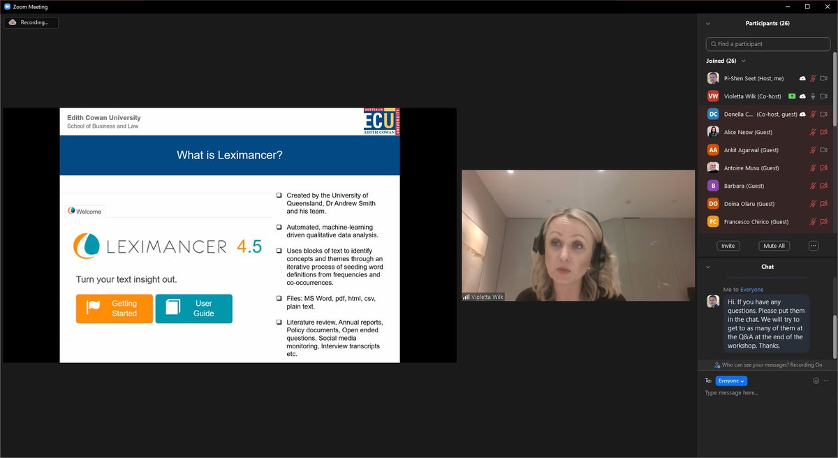 pishenseet's tweet photo. @wilkvioletta conducting an online #Leximancer workshop at today's Asia Pacific #FamilyBusiness Symposium's doctoral colloquium sponsored by #ECUSBL @EdithCowanUni and organised by #AFERN. #ecubusinessandlaw #ecuresearch #worldready #industryready #ECUMISE https://t.co/8xidmlsPsU
