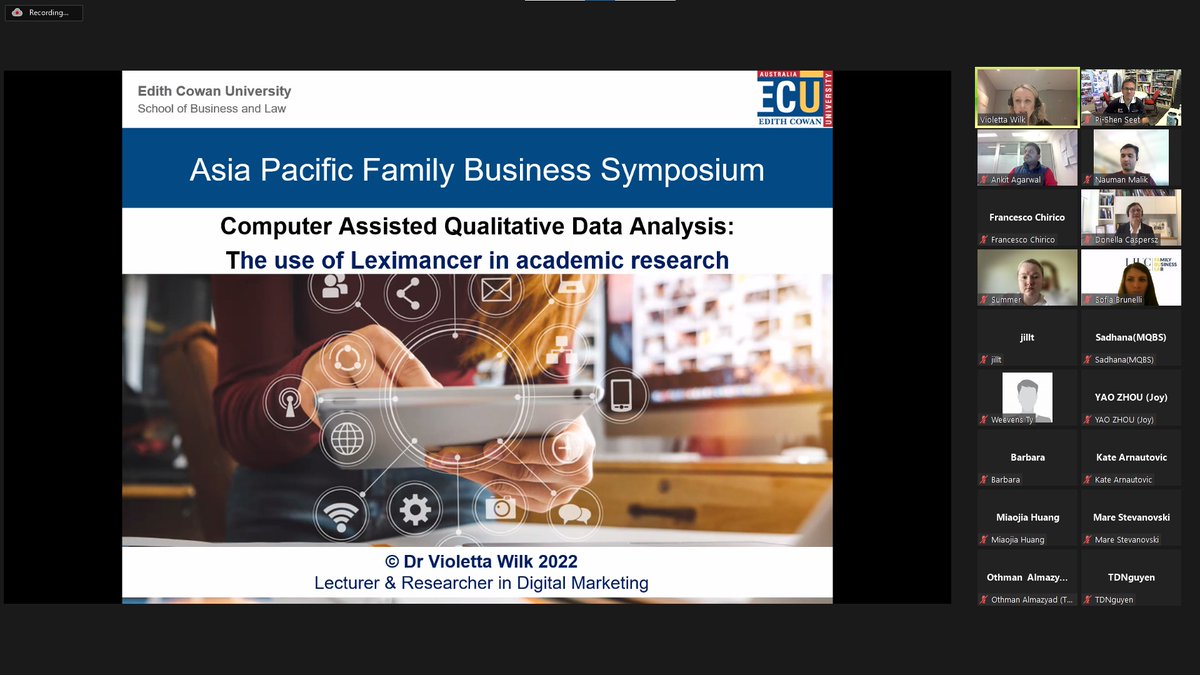 @wilkvioletta conducting an online #Leximancer workshop at today's Asia Pacific #FamilyBusiness  Symposium's doctoral colloquium sponsored by #ECUSBL @EdithCowanUni and organised by #AFERN. #ecubusinessandlaw  #ecuresearch #worldready #industryready #ECUMISE