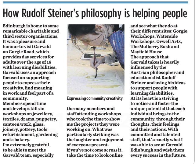 Fantastic to visit Garvald on Gorgie Road, which supports those with disabilities to find meaningful work through creative practices. Thanks to all who welcomed Councillor <a href="/VicNicSNP/">Cllr Vicky Nicolson</a> and me.