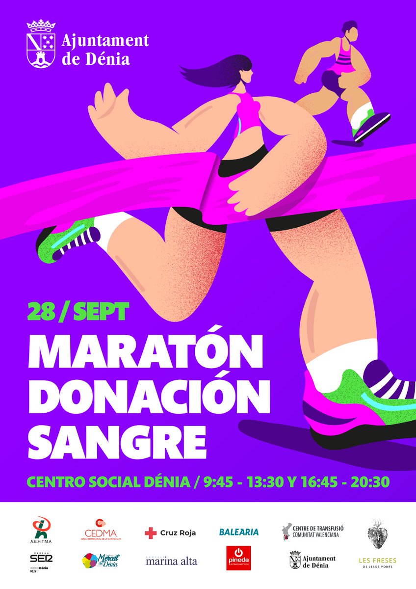 GVAdonasang's tweet photo. Marató de donació de sang #Dénia
📆Dimecres #28setembre

El consum diari de sang, en els hospitals valencians, necessita la col·laboració de 650 donants cada dia. 
👉Si tens més de 18 anys, peses més de 50kg i gaudeixes de bona salut, acosta't a #DonarSang 🩸♥️ https://t.co/mlIfFL8CSV