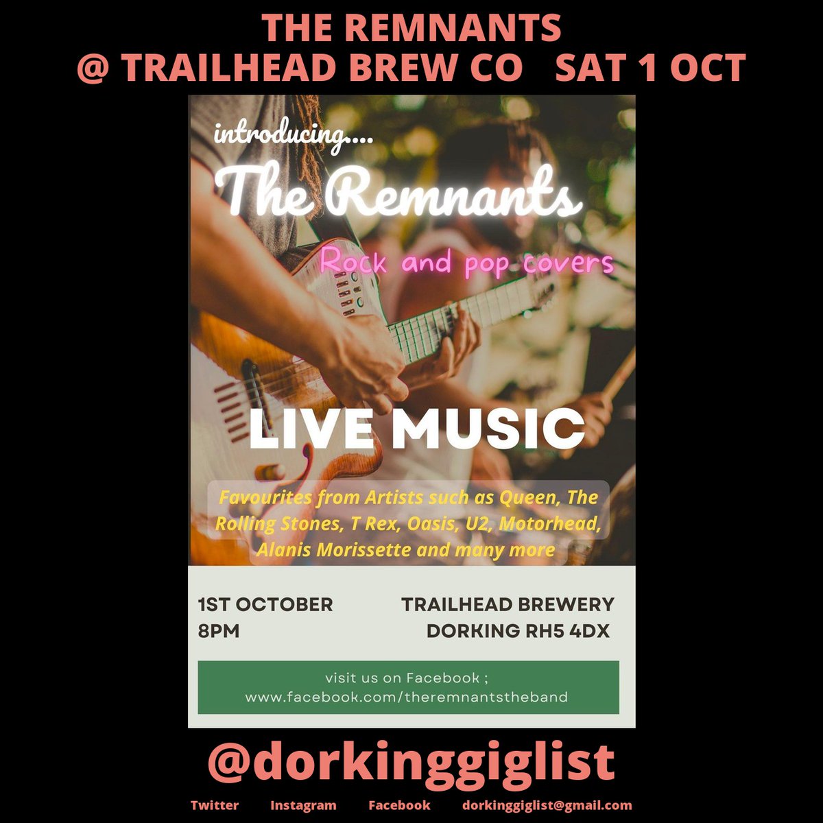 THIS SATURDAY 1ST OCTOBER THE REMNANTS at TRAILHEAD BREW CO #dorkinggiglist #dorking #livemusic