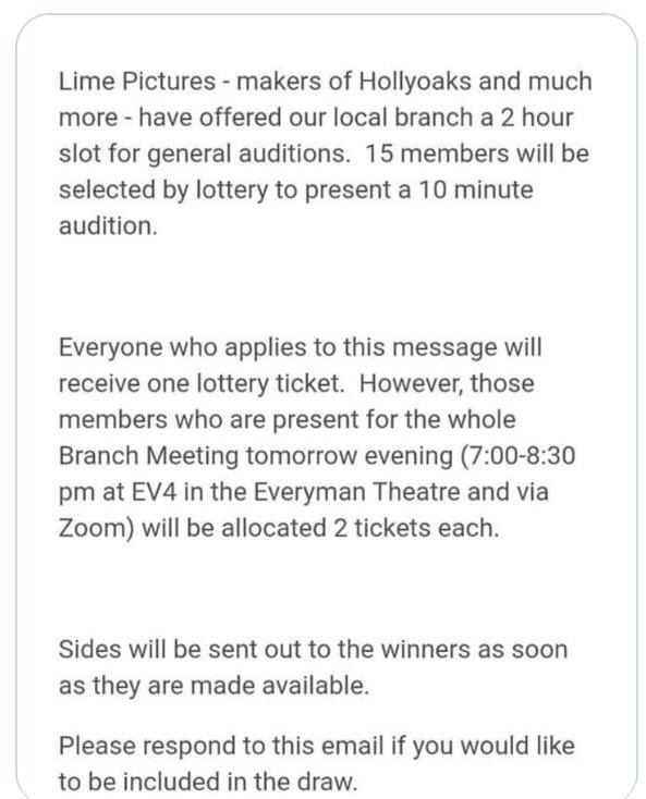 <a href="/EquityUK/">Equity</a> <a href="/Tesco/">Tesco</a> Unacceptable but it is any worse than the below? An Equity-endorsed lottery for auditions which not only discriminates against other members and non-members but may even be illegal under UK employment law. It’s hard enough without being turned into a literal game of chance.