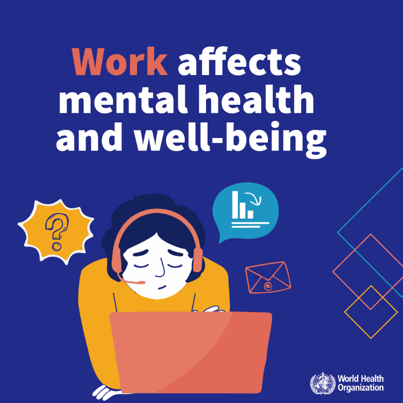 WHO's tweet photo. Work affects #MentalHealth &amp; well-being.
 
1 in 6 working-age adults are estimated to have a mental disorder.
 
Globally, 12 billion working days are lost every year on account of #depression and anxiety.
 
🆕 WHO recommended guidelines to protect #MentalHealthAtWork ⬇️