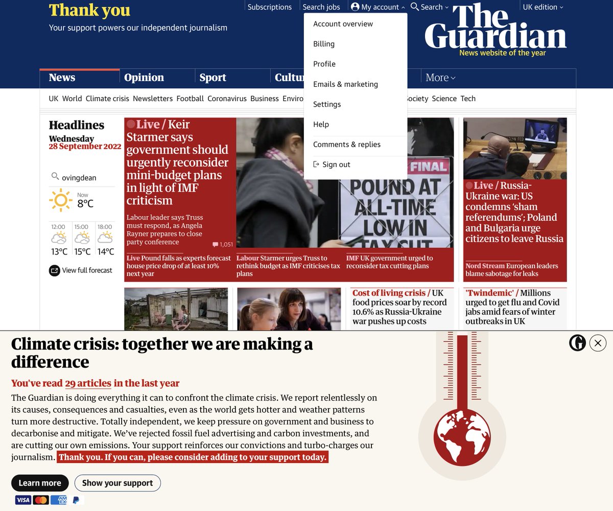 Jeremy74's tweet photo. One of the main reasons I subscribe to the @guardian is so I don't see banners such as this (there was also a cookie banner before this appeared) https://t.co/vFMvbWPiGt