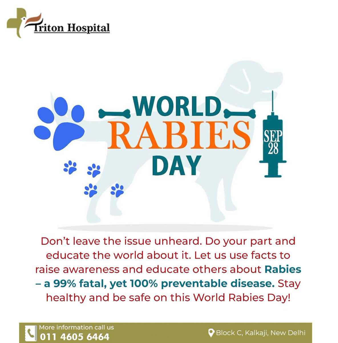 We all should make one promise to ourselves that no one should die of rabies and that would be the perfect way to celebrate World Rabies Day
.
.
.
#WorldRabiesDay #TritonHospital #BestHospitalinDelhi #HospitalInDelhi #MultispecialtyHospitalInDelhi #newlife #consultation...