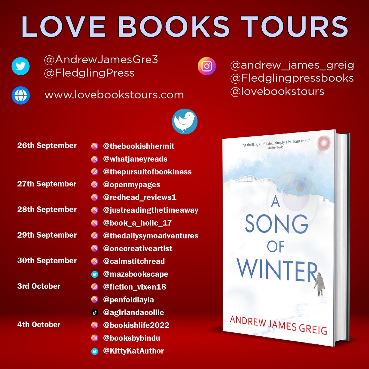 Lovebookstours's tweet photo. 'Definitely check this one out.'
A Song of Winter by Andrew James Greig  @AndrewJamesGre3 @FledglingPress organised by @lovebookstours @KellyAlacey 
Book review ⬇️
https://t.co/p7VHA6LOGW
🛒 https://t.co/A8ZV5kvZi1
#Bookreview #BookTwitter #Bookstagram #VirtualBookTour #BlogTour https://t.co/h4J9c24OLa