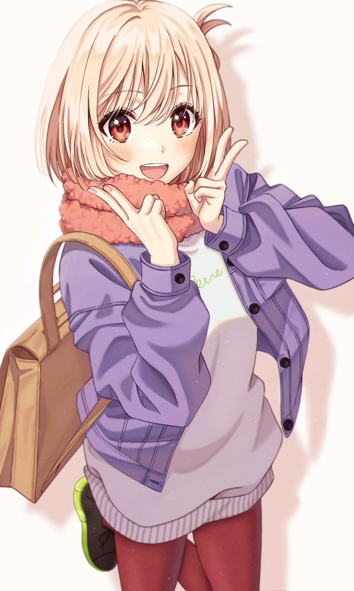 nishikigi chisato 1girl solo blonde hair red eyes scarf bag smile  illustration images