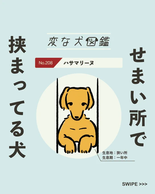 【#変な犬図鑑】
No.208 ハサマリーヌ
挟まっているあの犬です。 