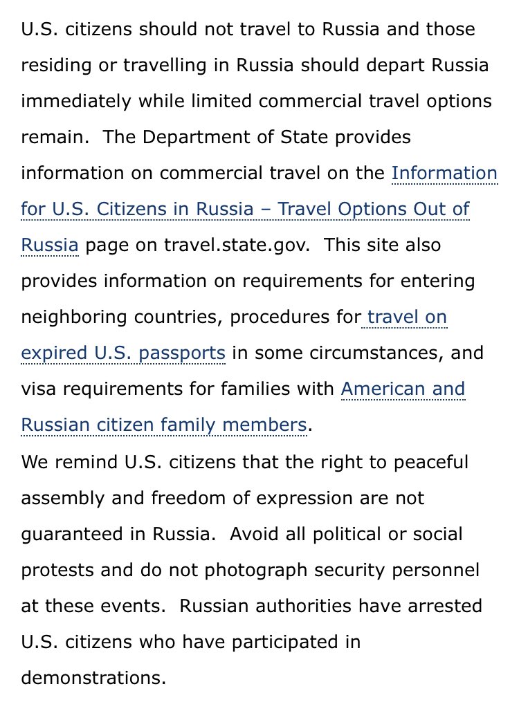 Mike_Eckel's tweet photo. I can't think of the last time I saw such a dire warning from the U.S. Embassy in Moscow: "U.S. citizens should not travel to Russia and those residing or travelling in Russia should depart Russia immediately..." https://t.co/PLgHlqQXiE https://t.co/0FjaEoD9FS
