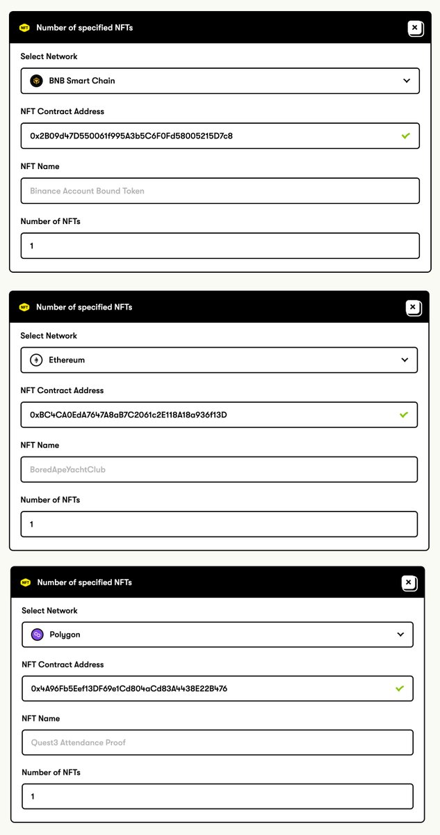 QuestN_com's tweet photo. 🔥REAL-TIME verification of NFT on @BNBCHAIN @0xPolygon and @avalancheavax are now supported along with already supported @ethereum!

🥳Simply enter the #BAB contract address and your quest entry will be good to go!

#Binance #BNB #BNBCHAIN #Polygon #AVAX #Avalanche #NFT https://t.co/A6BzRYE4Kf
