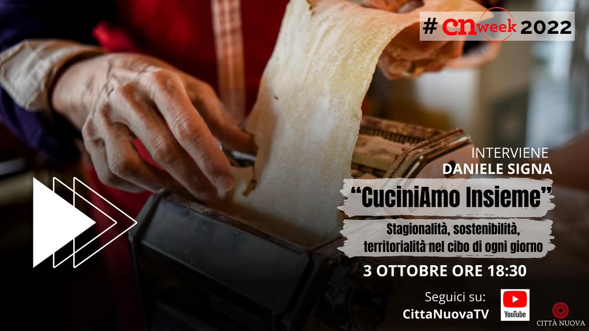 cittanuova_it's tweet photo. Il primo evento della #CNweek2022 è
CuciniAMO Insieme - #Stagionalità, #sostenibilità territorialità nel #cibo di ogni giorno.
Con noi ci sarà Daniele Signa, un #biologo #nutrizionista
Vi aspettiamo il #3ottobre alle 18.30 sul canale YouTube di città Nuova (link in bio)
#cnweek https://t.co/r0bjwmRGTl