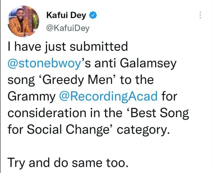 cwesihighest's tweet photo. Massive support for @stonebwoy as tv personality @KafuiDey starts a social media campaign to have STONEBWOY'S #greedyman song nominated at the "Best Song For Social Change" category at the #GRAMMYs . Kindly hit the @RecordingAcad page and join the support now!!! https://t.co/SvKhrlBCtB