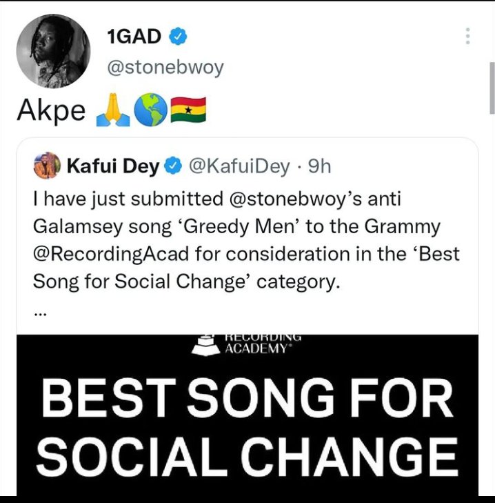 cwesihighest's tweet photo. Massive support for @stonebwoy as tv personality @KafuiDey starts a social media campaign to have STONEBWOY'S #greedyman song nominated at the "Best Song For Social Change" category at the #GRAMMYs . Kindly hit the @RecordingAcad page and join the support now!!! https://t.co/SvKhrlBCtB
