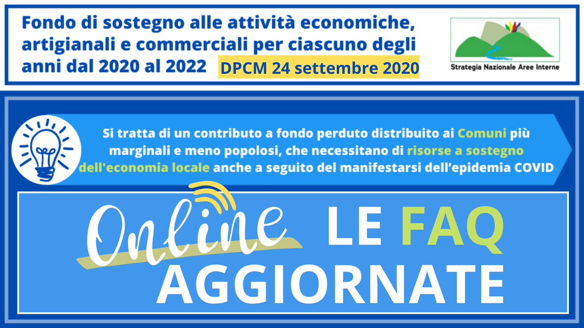 💥Decreto del Presidente del Consiglio dei Ministri 24 settembre 2020
🔛Fondo di sostegno alle attività economiche, artigianali e commerciali per i comuni delle #AreeInterne
💻Online le FAQ aggiornate.
👉 bit.ly/DPCM_2020
#CoesioneInCorso
