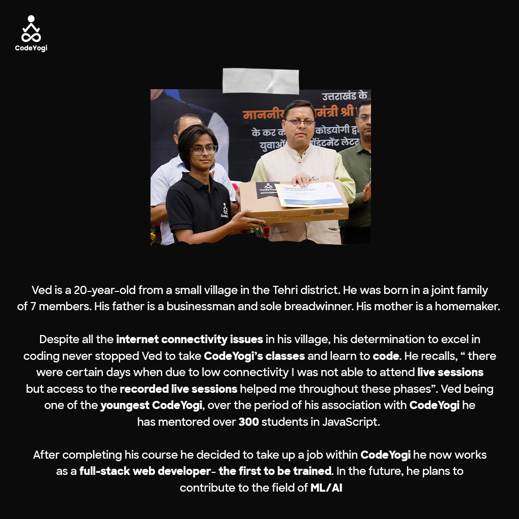 TheCodeYogi_'s tweet photo. "I am learning more daily while working here in CodeYogi" 
This is the story of our alumni Ved Singh Rawat.

Follow @TheCodeYogi_  for more!

#CodeYogi #StriveForExcellence #MeetTheCodeYogis #freecourse #onlinecourse #learntocode #codingcourse #programming #coding https://t.co/C6zsPJbAjb