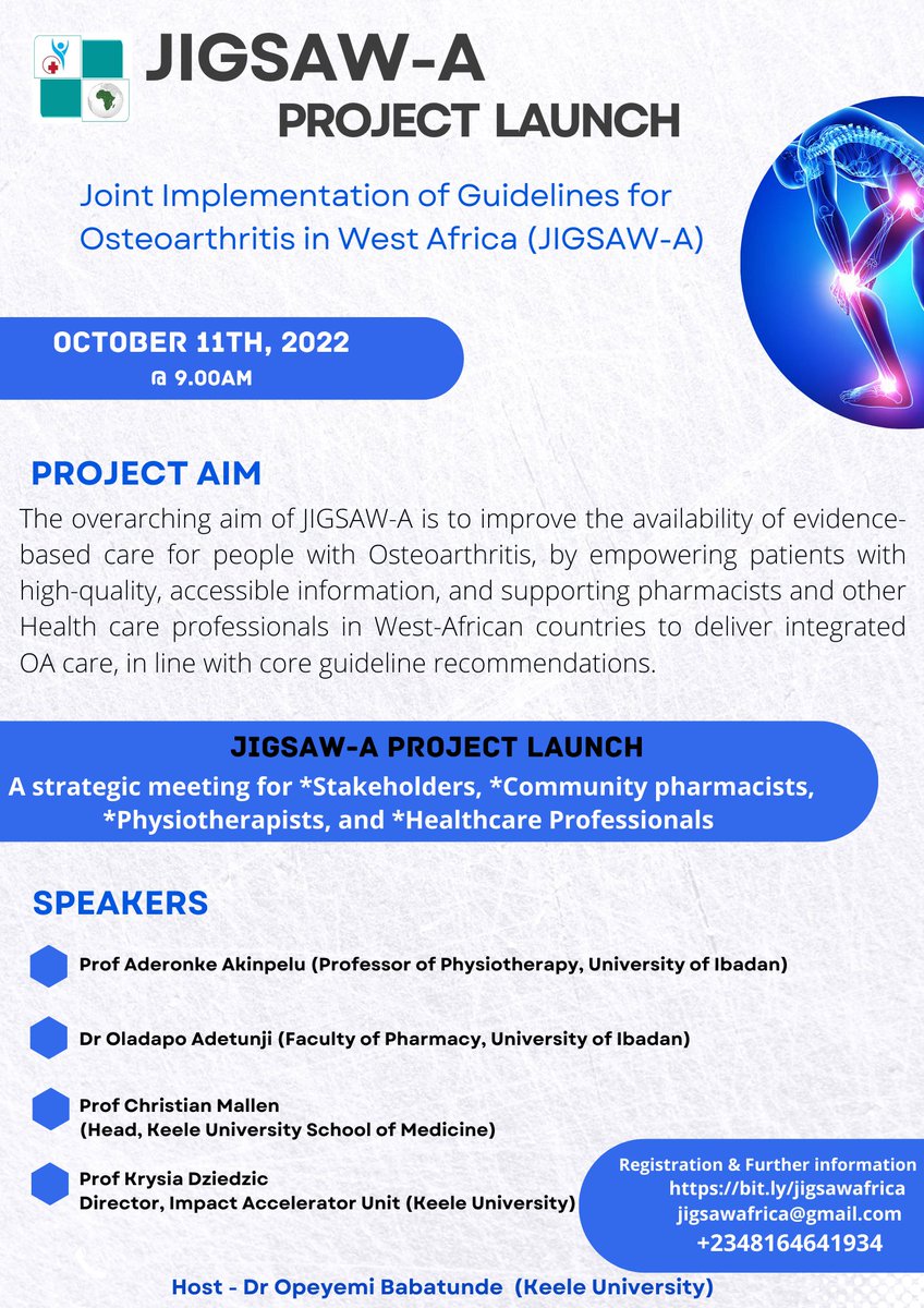 Sub-Saharan African Musculoskeletal Network (@samson_tweets) on Twitter photo Don't miss the JIGSAW-A project launch 09.00-11.15 (GMT) Tue 11th Oct on Zoom
Please register using this link: bit.ly/jigsawafrica
Attendance is free and open to all just get in touch to receive a zoom link.
For further info email: jigsawafrica@gmail.com Don't miss the JIGSAW-A project launch 09.00-11.15 (GMT) Tue 11th Oct on Zoom
Please register using this link: bit.ly/jigsawafrica
Attendance is free and open to all just get in touch to receive a zoom link.
For further info email: jigsawafrica@gmail.com