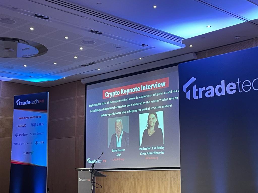 LMAX's tweet image. Live from @TradeTechFX Europe!

“Asset managers and banks are building up their capabilities for the crypto summer. The convergence of tradfi and crypto is inevitable”

LMAX Group CEO @mercerdavid and @eva_szalay discuss the state of institutional #crypto adoption.

#tradetechfx