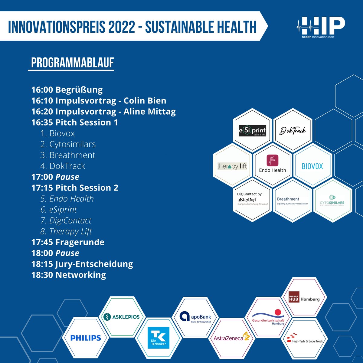 Morgen steht die Verleihung von unserem #Innovationspreis 2022 an🎉. Mit Freude verkünden wir Euch unser Programm, damit Ihr bereits jetzt einen Einblick erhaltet. Freut Euch auf die #Startups und Ihre innovativen Ideen zum Thema "Sustainable Health".
