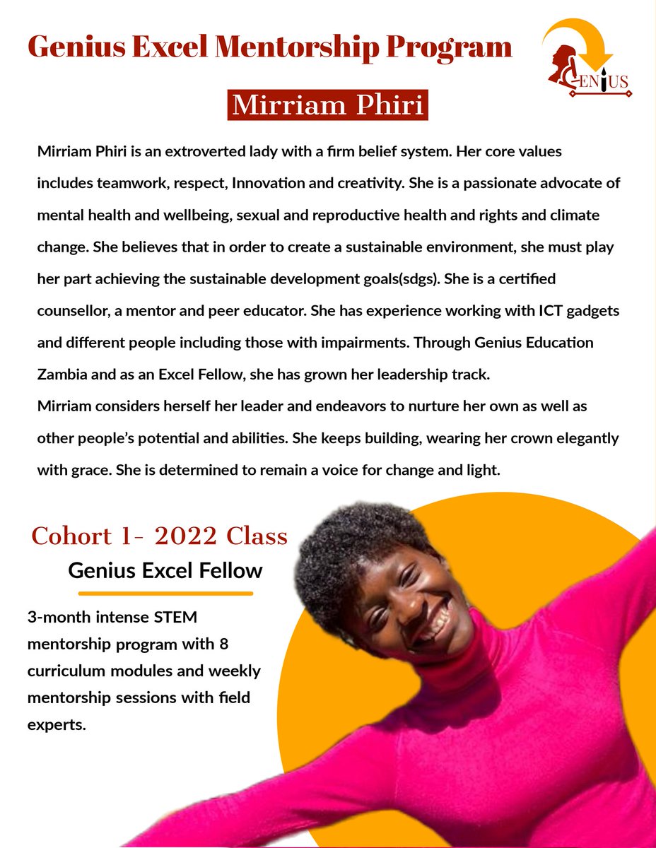GeniusEd_Zambia's tweet photo. 🚀🚀 Week 9 of the Genius Excel Mentorship Program! The Excel program is a highly intensive STEM mentorship program with 8 curriculum modules and 4 weeks of internship with our partner organization. Today on the #ExcelSpotlight we feature Mirriam Phiri https://t.co/esU7S3vukn