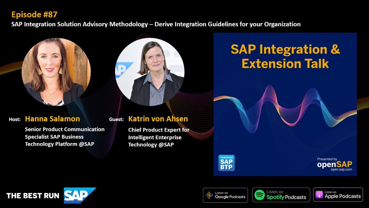 🎙️ New SAP Integration & Extension Talk
▶️ #SAPBTP News
▶️ SAP Integration Solution Advisory Methodology is essential in SAP’s #integration strategy for the #IntelligentEnterprise 
🎧 Learn how it can support your organization! podcast.opensap.info/cloud-platform…
@sapcp @kvahsen @openSAP