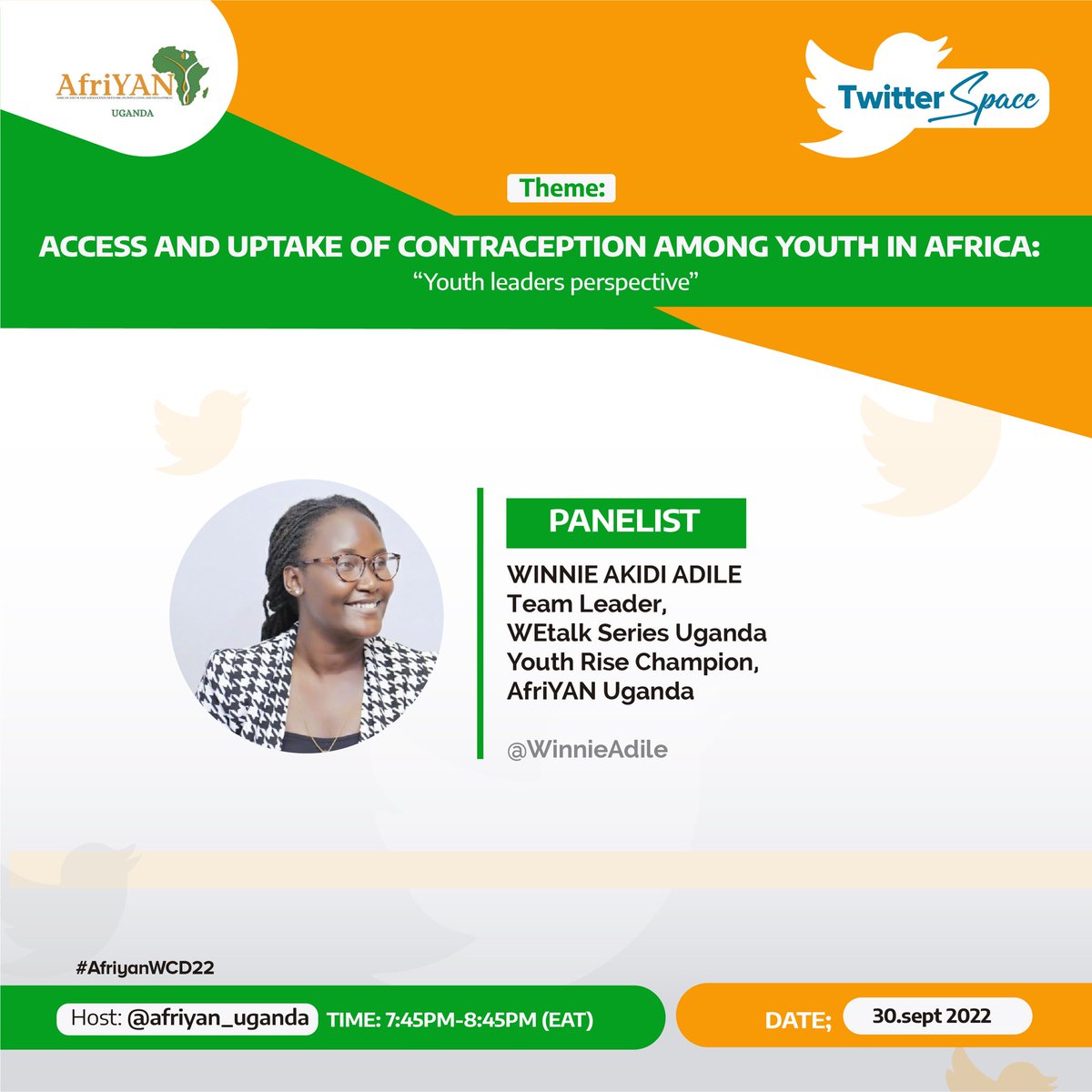 afriyan_uganda's tweet photo. Meet our distinguished speakers for the Friday space from four African countries. @evode_ni @KlaivertAssis @LulitMengesha @WinnieAdile #AfriyanWCD22 click on the link to set a reminder Access and uptake of contraception among youth in Africa.
https://t.co/CeYpYZ9wWR https://t.co/PX2k0gc2vN