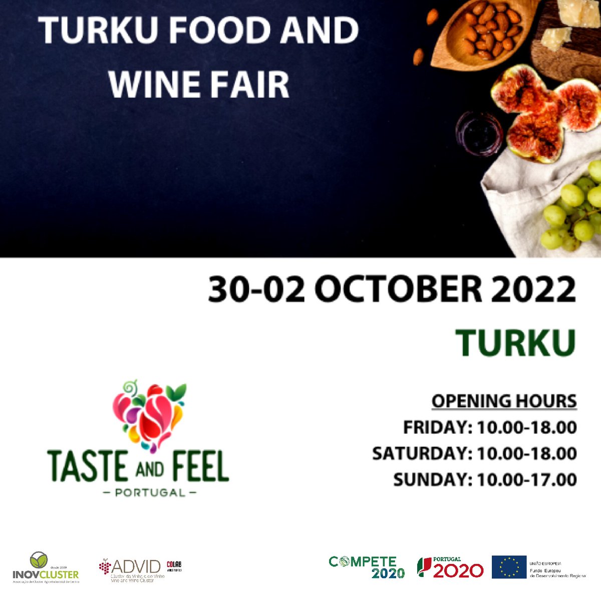 EmbPort_FIN's tweet photo. 🇵🇹 🇫🇮 🍽 Between the 30th of September and the 2nd of October #INOVCLUSTER will be present at the #TurkuFoodandWineFair. This participation includes a display of #portuguese agri-food products and a showcooking! #turunmessukeskus https://t.co/wQBvPm0tWS