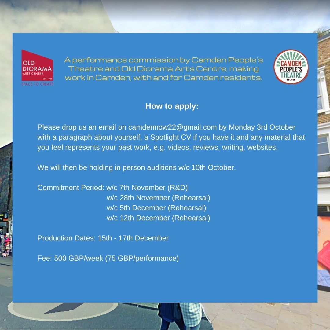 Wonderful <a href="/chlo_christian/">Chloe Christian</a> &amp; Liv Dowd are making a show w <a href="/CamdenPT/">Camden People's Theatre</a> @olddiorama about losing queer spaces in Camden

🚨 They need 3 performers/storytellers to make it 
🧍 Queer female identifying / NB folk 
📅 1 week R&amp;D, 3 week rehearsal, 4 shows Nov &amp; Dec

More below! Pls RT