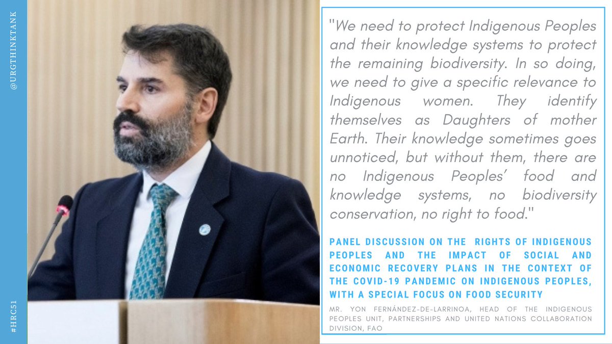 URGthinktank's tweet photo. 🗣️Addressing #HRC51 on impact of #COVID19 recovery on #IndigenousPeoples,Yon Fernández-de-Larrinoa @FAOIndigenous stresses:
🔹Interdependence of #RightToFoodSecurity & #FoodSovereignty
🔹Key role of Indigenous women
🔹Need to centre Indigenous Peoples food & knowledge systems https://t.co/l9QB8rTjMg