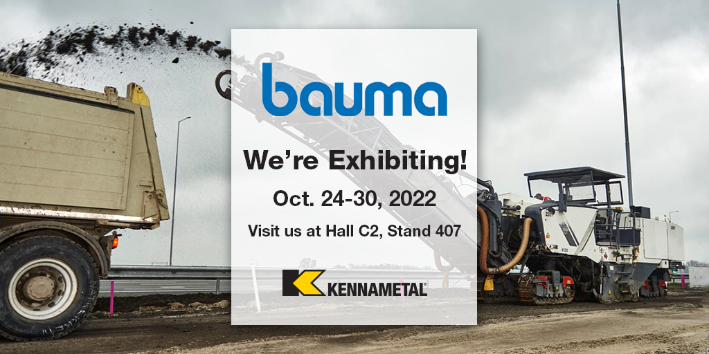 Kennametal's tweet photo. We're excited to return to @baumaOfficial in Munich, October 24-30! Come visit Hall C2, Stand 407 to find out how we can help maximize your tool life with our wear protection solutions. Register today: https://t.co/II4WchkwaU
#KMTKnowsHow #roadrehab #construction #bauma2022 https://t.co/hgB0vFONNB