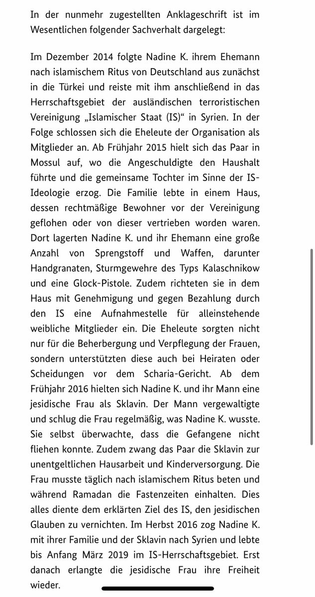 Die Bundesanwaltschaft hat Anklage gegen das mutmaßliche IS-Mitglied Nadine K. erhoben, u.a. wegen des Vorwurfs der Beihilfe zum Völkermord, Verbrechen gegen die Menschlichkeit und Kriegsverbrechen. Unvorstellbar grausam, was ihr vorgeworfen wird generalbundesanwalt.de/SharedDocs/Pre…