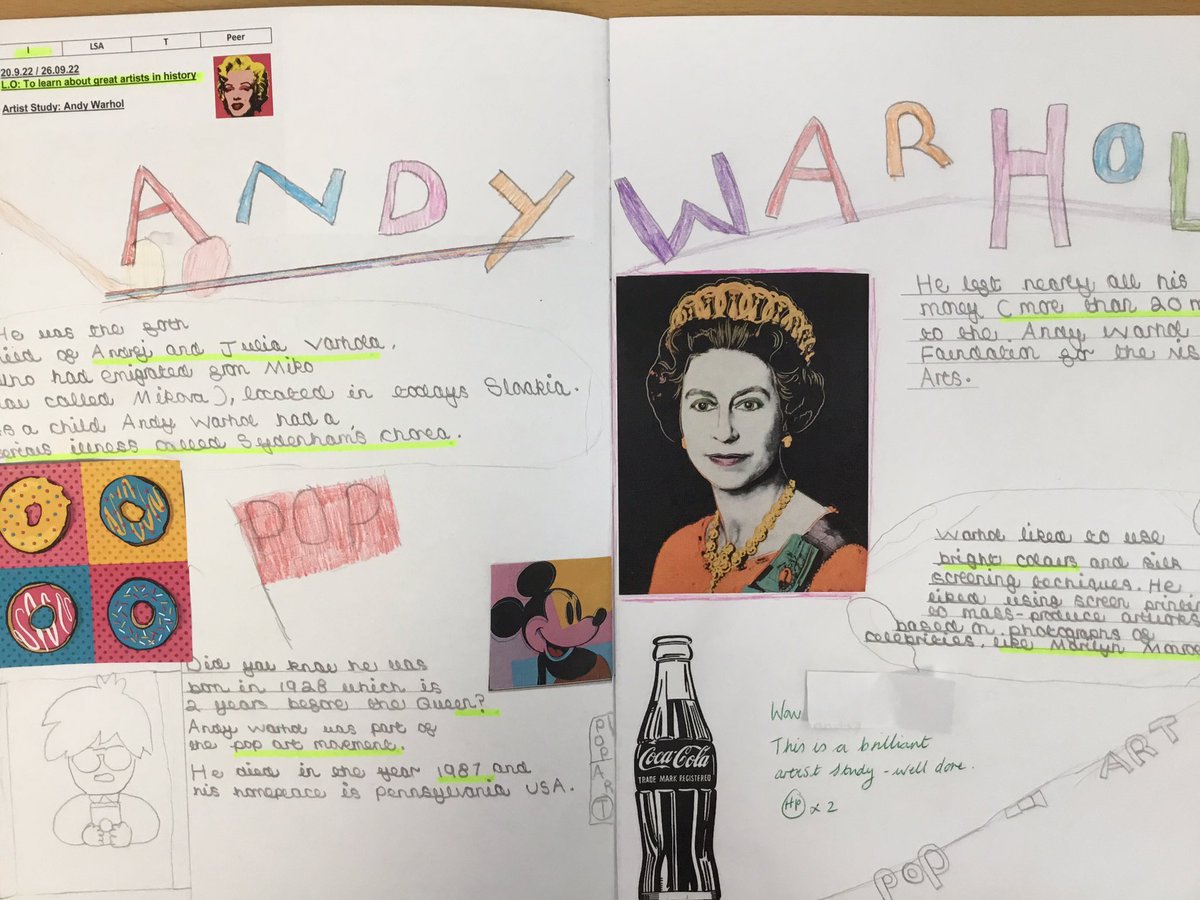 JewellAAT's tweet photo. Year 6 have been exploring colour theory and learning all about Andy Warhol in art lessons this term. Take a look at some of their brilliant double page artist studies! #self-worth #engagement #purpose https://t.co/7oHMvoFKkD