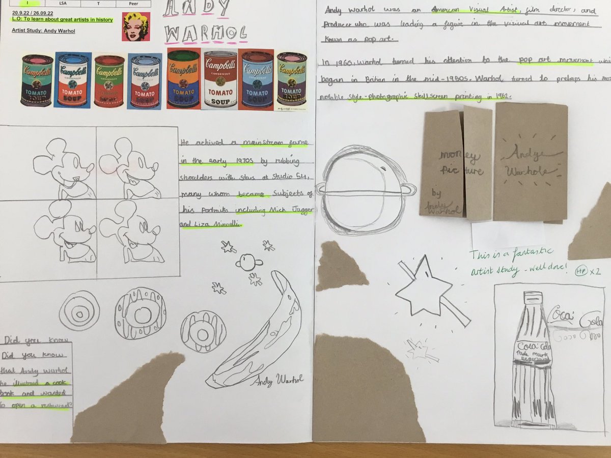JewellAAT's tweet photo. Year 6 have been exploring colour theory and learning all about Andy Warhol in art lessons this term. Take a look at some of their brilliant double page artist studies! #self-worth #engagement #purpose https://t.co/7oHMvoFKkD