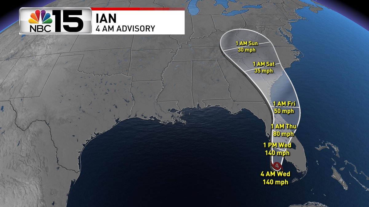 Air Force Hurricane Hunters find #Ian has intensified into a Category 4 hurricane 75 miles WSW of Naples, #Florida it will make landfall later today along Florida's west coast. <a href="/mynbc15/">NBC 15 News</a> mynbc15.com/weather #Tropics
