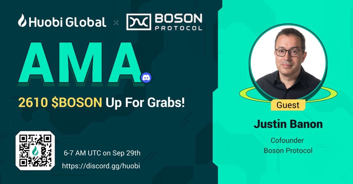BosonProtocol's tweet photo. 📯Come Join @JBanon and @HuobiGlobal Discord AMA.

⏰6-7am UTC on September 29th (Tomorrow)

Join Huobi Discord👾
⬇️⬇️⬇️

https://t.co/ObPYeggj0C https://t.co/925kjUAGAL