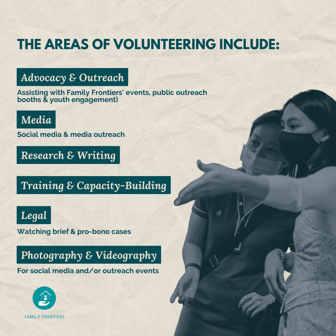 Family Frontiers is still looking for volunteers to help with our advocacy! 

Register here if interested: bit.ly/FF_VOLUNTEER 

Deadline: 30 September 2022!

#SayaJugaAnakMalaysia #KeluargaMalaysia