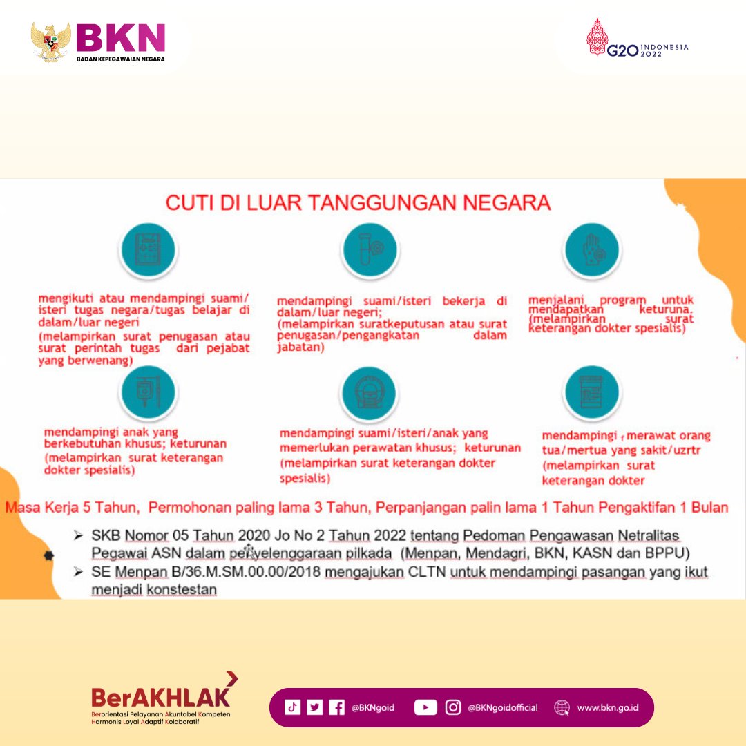 #SobatBKN, tahukah kamu??

PNS yg sdh memiliki masa kerja paling singkat 5 th secara terus-menerus krn alasan pribadi &amp; mendesak dpt diberikan CLTN ....
hal tsb diatur dlm Peraturan BKN No 7 Th 2021 ttg Perubahan atas Peraturan BKN No 24 Th 2017 ttg Tata Cara Pemberian Cuti PNS.