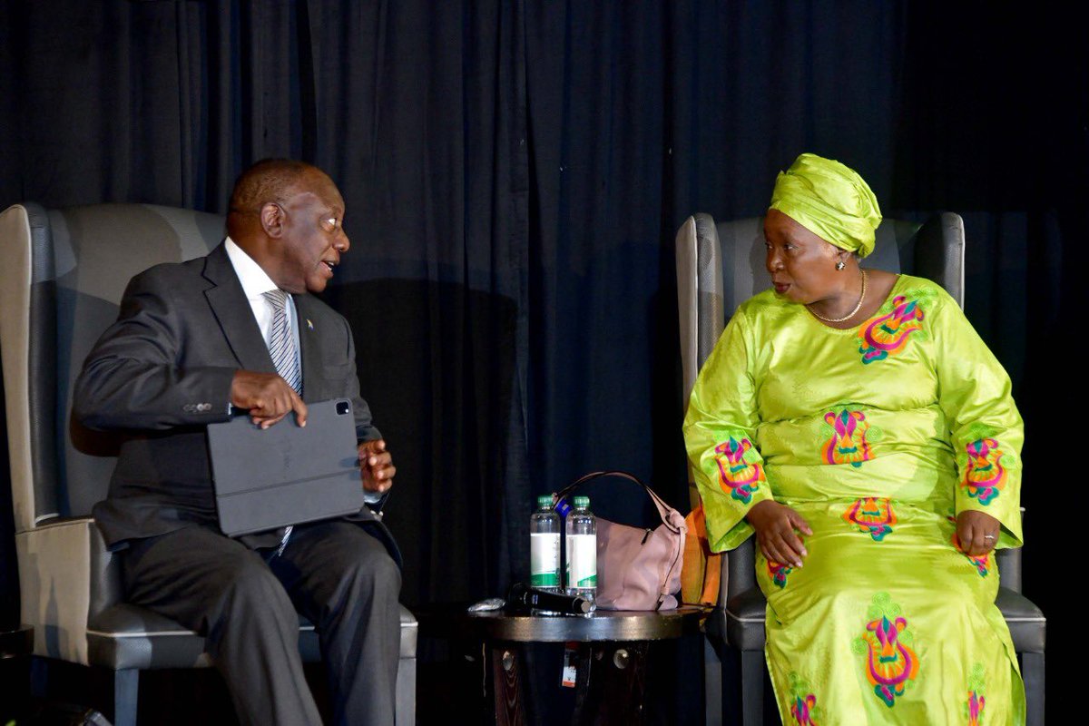 PresidencyZA's tweet photo. [PHOTOS]: President @CyrilRamaphosa with  Minister Nkosazana @DlaminiZuma and Deputy Minister Thembi Nkadimeng of  Cooperative Governance &amp; Traditional Affairs during the National Local Government Summit hosted by CoGTA at the Birchwood Conference Centre in Gauteng. #LGSummit https://t.co/Hg8lNx2NBJ