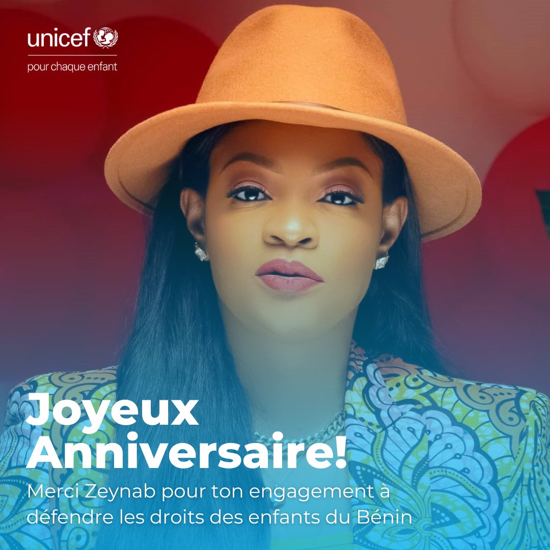 UNICEF_Benin's tweet photo. Chère ZEYNAB,

Merci pour ton noble engagement à nos côtés pour que chaque enfant au 🇧🇯 puisse jouir de tous ses droits. 

À notre Ambassadrice de cœur, nous souhaitons un très joyeux anniversaire!🎉

#HAPPYBIRTHDAY https://t.co/bAX1o84LWV