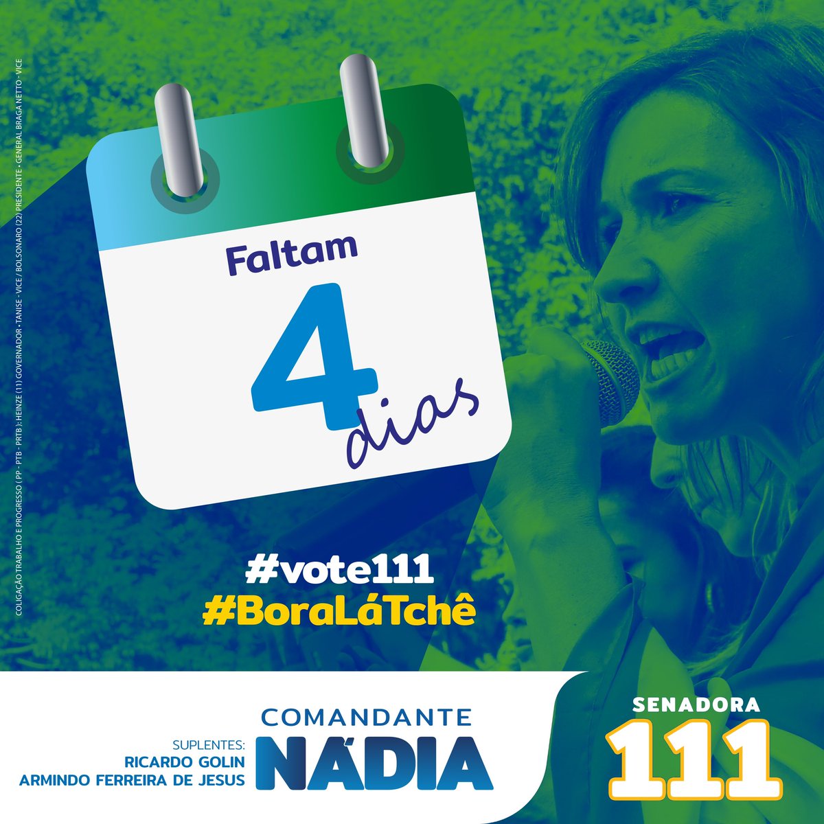 ComandanteNadia's tweet photo. É a reta final!
Quero te defender no Senado.
#vote111 #boralátchê #comandantenadia111 #nadianosenado https://t.co/gCooDEfYCf