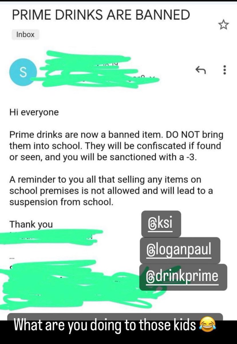 A school had the AUDACITY to ban Prime, leaving their students dehydrated.

To counter this blatant wrongdoing, we’ll be sending a truckload of Prime to this school and many other schools. Just retweet this tweet to represent your school to get some Prime.