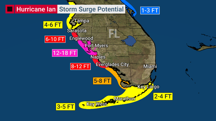 ScotPilie_Wx's tweet photo. JUST IN: @NHC_Atlantic is now projecting catastrophic storm surge of 12-18ft from Englewood to Bonita Beach, including Ft Myers, Charlotte Harbor. Water into second story of homes.

Most of Punta Gorda, Ft Myers, Port Charlotte expected to be inundated. @weatherchannel https://t.co/jWS1QUff1E