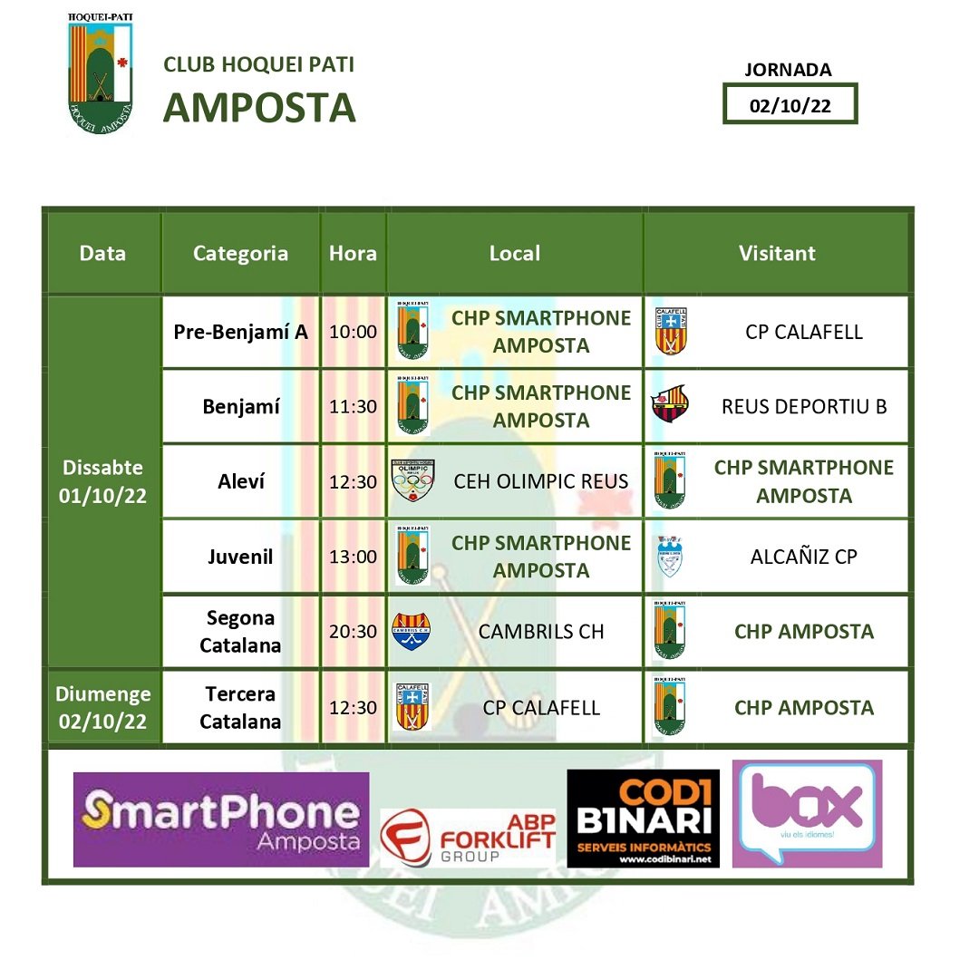 HoqueiAmposta's tweet photo. Partits #ChpAmposta 💚🖤 
2a jornada de lliga #hoquei 🏑
📆 1 i 2 d'octubre
#MittomAmposta
#ChpSmartphoneAmposta
#AbpForklift
#CodiBinari
#BoxIdiomes 
#hoqueibase #femhoquei
#hockey #hockeybase https://t.co/peKP2SXRXw