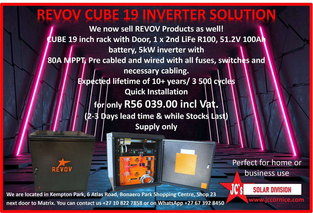 MstarProduct's tweet photo. We now sell REVOV Products as well! CUBE 19 inch rack with Door, 1 x 2nd LiFe R100, 51.2V 100Ah battery, 5kW inverter with 80A MPPT, Pre cabled and wired with all fuses, switches and necessary cabling.
You can contact us +27 10 822 7858 or on WhatsApp +27 67 392 8450 https://t.co/O52EKU3nLp