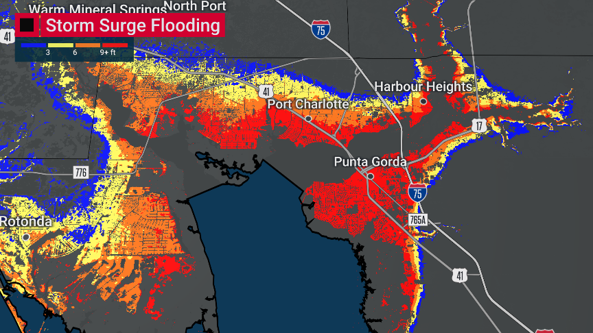 ScotPilie_Wx's tweet photo. JUST IN: @NHC_Atlantic is now projecting catastrophic storm surge of 12-18ft from Englewood to Bonita Beach, including Ft Myers, Charlotte Harbor. Water into second story of homes.

Most of Punta Gorda, Ft Myers, Port Charlotte expected to be inundated. @weatherchannel https://t.co/jWS1QUff1E