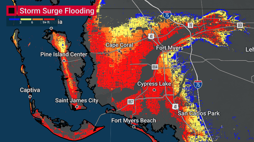 ScotPilie_Wx's tweet photo. JUST IN: @NHC_Atlantic is now projecting catastrophic storm surge of 12-18ft from Englewood to Bonita Beach, including Ft Myers, Charlotte Harbor. Water into second story of homes.

Most of Punta Gorda, Ft Myers, Port Charlotte expected to be inundated. @weatherchannel https://t.co/jWS1QUff1E
