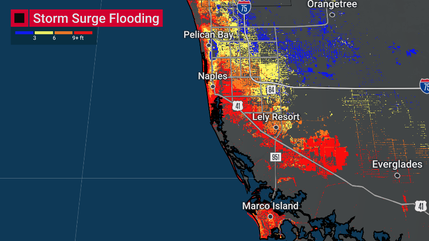 ScotPilie_Wx's tweet photo. JUST IN: @NHC_Atlantic is now projecting catastrophic storm surge of 12-18ft from Englewood to Bonita Beach, including Ft Myers, Charlotte Harbor. Water into second story of homes.

Most of Punta Gorda, Ft Myers, Port Charlotte expected to be inundated. @weatherchannel https://t.co/jWS1QUff1E